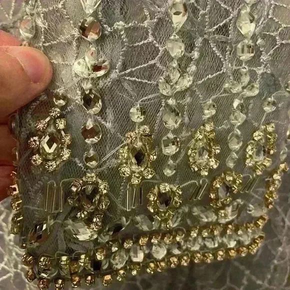 Mac Duggal Long Sleeve V Neck Midi Dress in Platinum 12408 Size 14 NWT - Picture 13 of 14